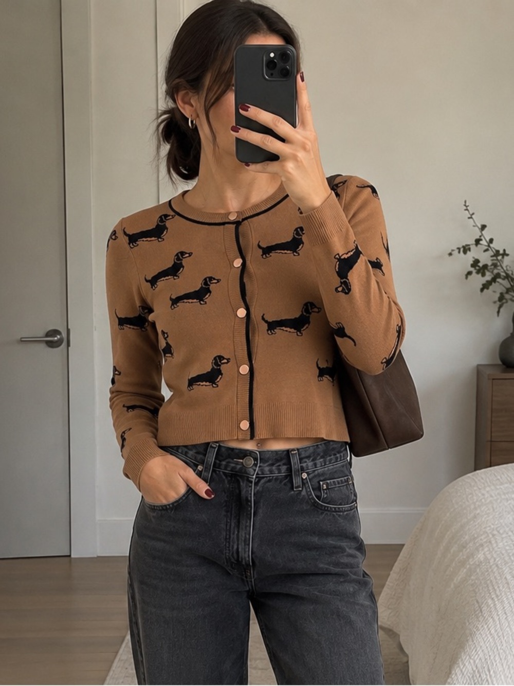 Belle by Belldini Dachshund Dog Print Brown Knit Cardigan Sweater Size M NWT